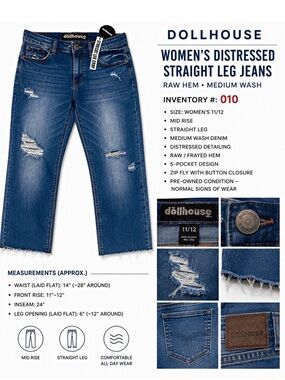 Dollhouse Women's Straight Leg Jeans - Medium Blue Distressed
